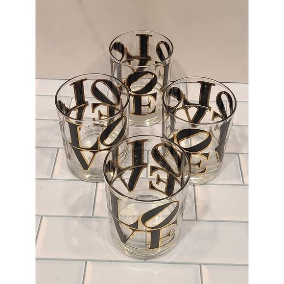 CERA MCM Glass Old Fashioned Rocks Glasses Cocktail Black & Gold 'LOVE' Set of 4 - Picture 14 of 16